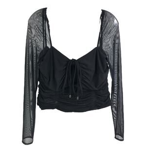 Self-Portrait Ruched Top Women Sz 10‎ Black Jersey Mesh Long Sleeve Night Out